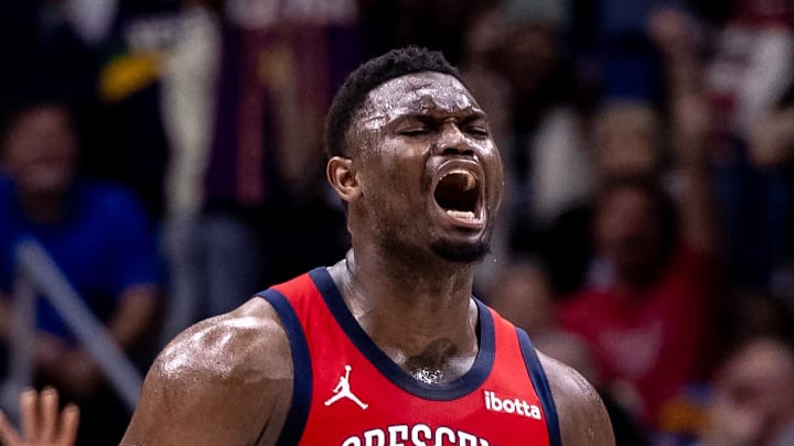 Mar 16, 2024; New Orleans, Louisiana, USA;  New Orleans Pelicans forward Zion Williamson (1) reacts to making a basket against the Portland Trail Blazers during the first half at Smoothie King Center. Mandatory Credit: Stephen Lew-Imagn Images