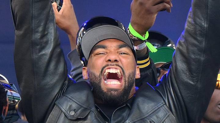 Seattle Seahawks defensive end Leonard Williams celebrates during the Super Bowl LX trophy presentation at Lumen Field