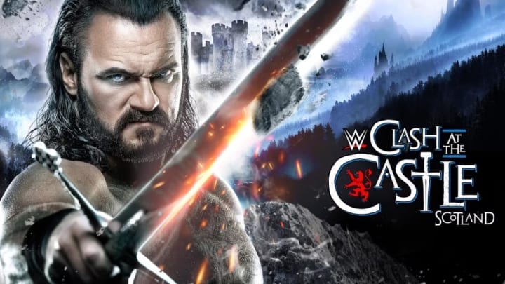 A promotional image for WWE Clash at the Castle 2024 featuring Drew McIntyre.