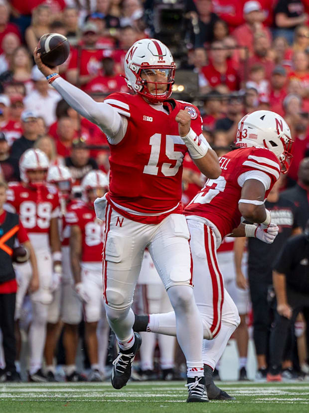 Nebraska quarterback Dyaln Raiola fires a short first quarter pass during Nebraska's 28-10 win against Colorado.