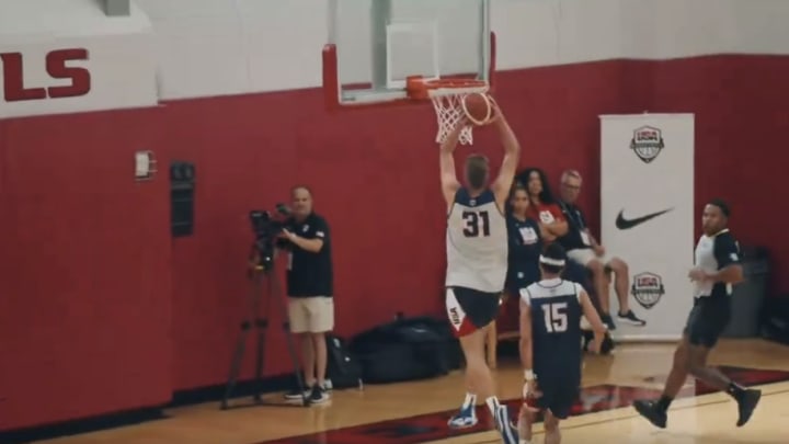 Cooper Flagg dunks the ball during the Team USA vs. Team USA Select scrimmages ahead of the 2024 Paris Olympics. Cooper Flagg dunks the ball during the Team USA vs. Team USA Select scrimmages ahead of the 2024 Paris Olympics.