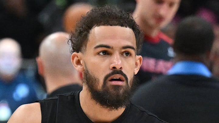 Trae Young of the Atlanta Hawks warms up before facing the Miami Heat in the Play-In Tournament.