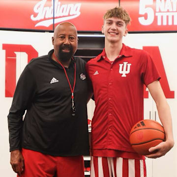 Class of 2026 shooting guard Aidan Chronister pictured with Indiana coach Mike Woodson during his visit.