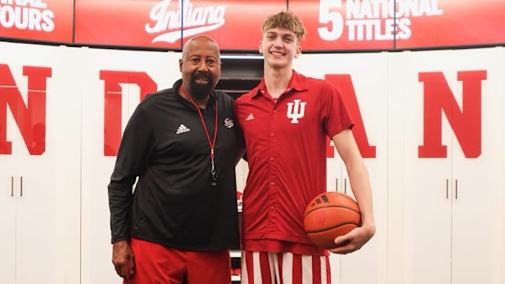 Class of 2026 shooting guard Aidan Chronister pictured with Indiana coach Mike Woodson during his visit.