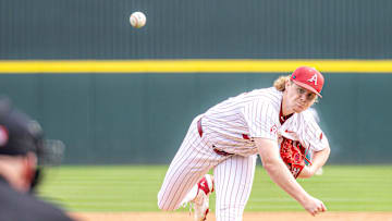 Aiden Jimenez throws a pitch against South Carolina as part of 4 1/3 scoreless innings against the Gamecocks. The Razorbacks won 12-3.
