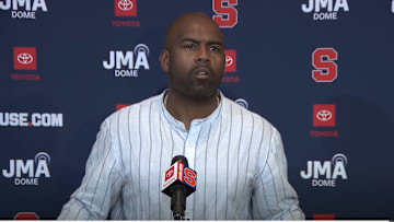 September 22, 2025; Syracuse, New York, USA; Syracuse coach Fran Brown addresses the media at his weekly news conference at the John A. Lally Athletics Complex. Mandatory Credit: Screen shot from Syracuse University Athletic Communications 