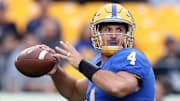 Oct 8, 2016; Pittsburgh, PA, USA;  Pittsburgh Panthers quarterback Nathan Peterman (4) passes the ball against the Georgia Tech Yellow Jackets during the first quarter at Heinz Field. Mandatory Credit: Charles LeClaire-Imagn Images