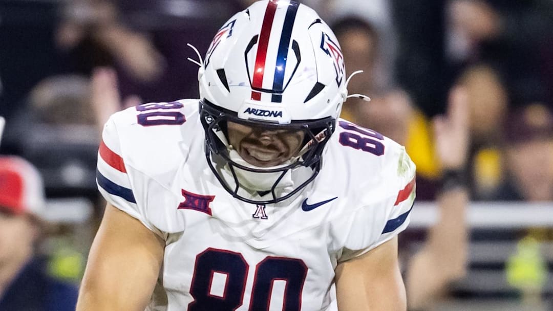Nov 28, 2025; Tempe, Arizona, USA; Arizona Wildcats tight end Cameron Barmore (80) celebrates after scoring a touchdown against the Arizona State Sun Devils in the second half during the 99th Territorial Cup at Mountain America Stadium. Mandatory Credit: Mark J. Rebilas-Imagn Images