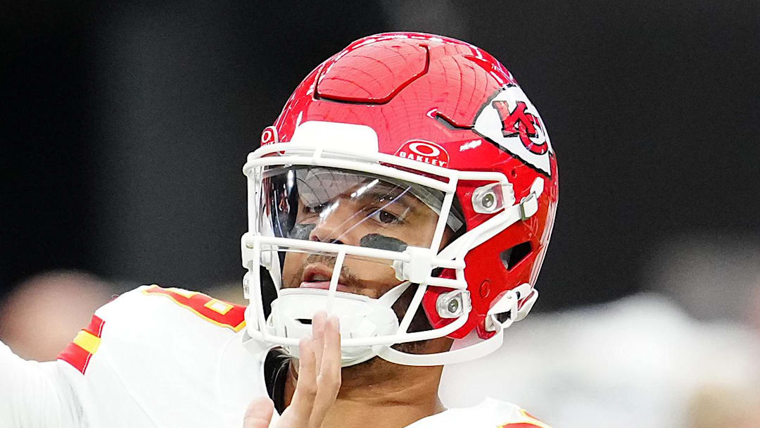 Jan 4, 2026; Paradise, Nevada, USA; Kansas City Chiefs quarterback Chris Oladokun (19) warms up before a game against the Las Vegas Raiders at Allegiant Stadium. Mandatory Credit: Stephen R. Sylvanie-Imagn Images