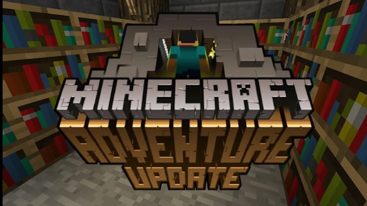The Adventure Update logo in an enchanting room in Minecraft.