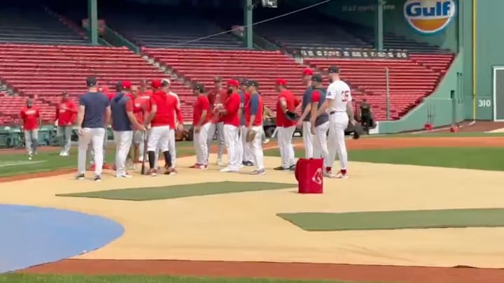 Benches clear during pregame warmups before the Red Sox-Angels game at Fenway Park