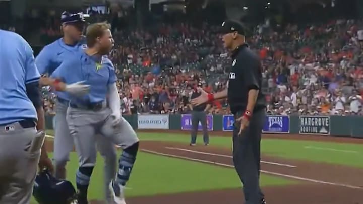 Tampa Bay Rays infielder Taylor Walls argues after being ejected during a game against the Houston Astros. Tampa Bay Rays infielder Taylor Walls argues after being ejected during a game against the Houston Astros.