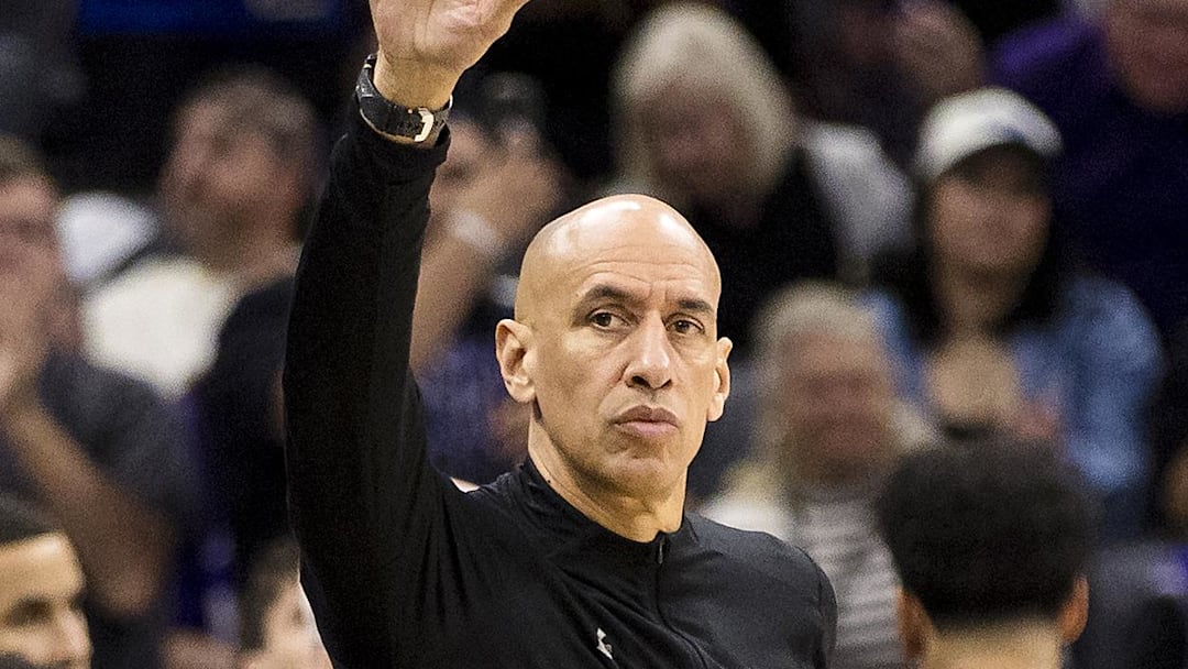 Apr 13, 2025; Sacramento, California, USA;  Sacramento Kings interim head coach Doug Christie gestures to the Phoenix Suns bench after the game at Golden 1 Center. Mandatory Credit: John Hefti-Imagn Images