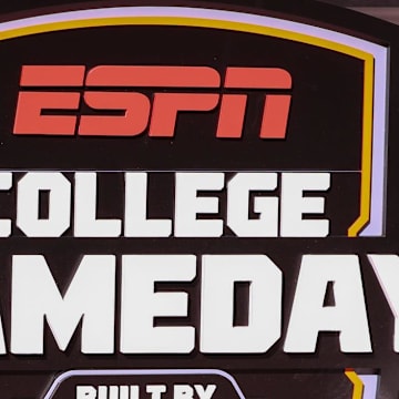 Helmets for Texas Tech and BYU are displayed on the College GameDay set before a Big 12 Conference football game, Saturday, Nov. 8, 2025, at Jones AT&T Stadium.