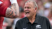 Arkansas Razorbacks coach Sam Pittman on the sidelines against Arkansas State at War Memorial Stadium in Little Rock, Ark.