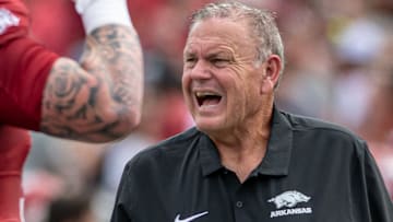 Arkansas Razorbacks coach Sam Pittman on the sidelines against Arkansas State at War Memorial Stadium in Little Rock, Ark.