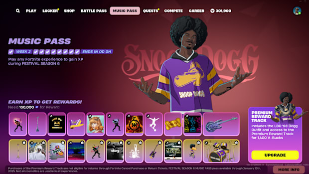 Fortnite Festival season 6 pass showing the snoop dogg cosmetics