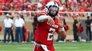 Aug 30, 2025; Lubbock, Texas, USA;  Texas Tech Red Raiders quarterback Behren Morton (2) passes against the Arkansas-Pine Bluff Golden Lions in the first half at Jones AT&T Stadium. Mandatory Credit: Michael C. Johnson-Imagn Images
