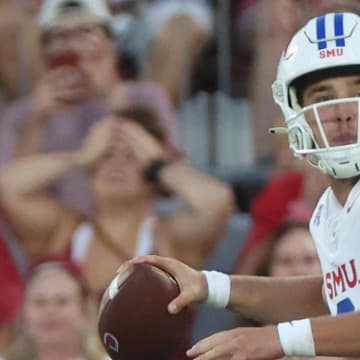 SMU Mustangs quarterback Preston Stone (2) during a game against the Oklahoma Sooners at Gaylord Family-Oklahoma Memorial Stadium in Norman, Okla.