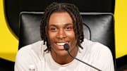 Oregon tight end Jamari Johnson speaks during a media availability on Aug. 5, 2025, in Eugene, Oregon.