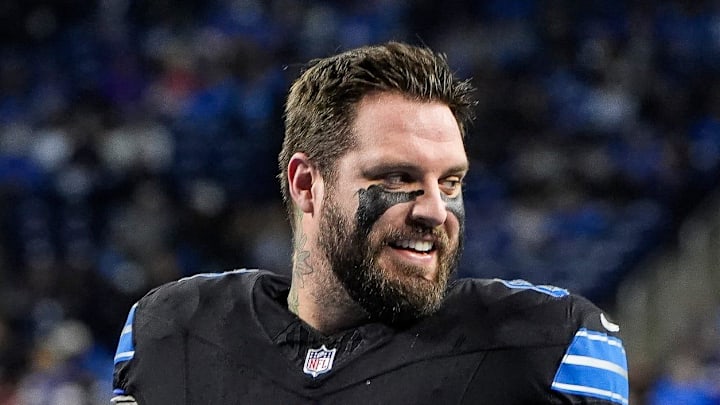 Detroit Lions offensive tackle Taylor Decker (68) smiles at warm up before the game between Detroit Lions and Buffalo Bills at Ford Field in Detroit on Sunday, Dec. 15, 2024.