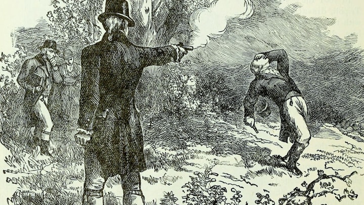Aaron Burr shoots Alexander Hamilton in the infamous duel.