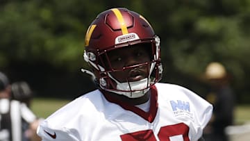 Jun 10, 2025; Ashburn, VA, USA; Washington Commanders offensive tackle Josh Conerly Jr. (72) jogs on the field during drills on day one of minicamp at Commanders Park. Mandatory Credit: Geoff Burke-Imagn Images