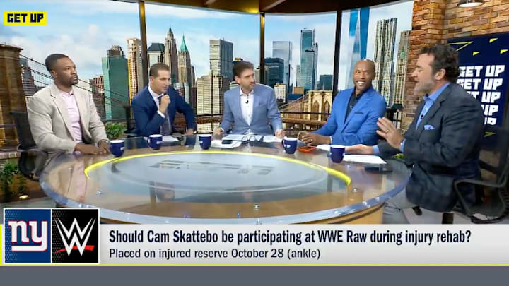 The ‘Get Up’ crew listens to Jeff Saturday explain why Cam Skattebo may not have weighed all the risks of appearing on WWE Raw. The ‘Get Up’ crew listens to Jeff Saturday explain why Cam Skattebo may not have weighed all the risks of appearing on WWE Raw.