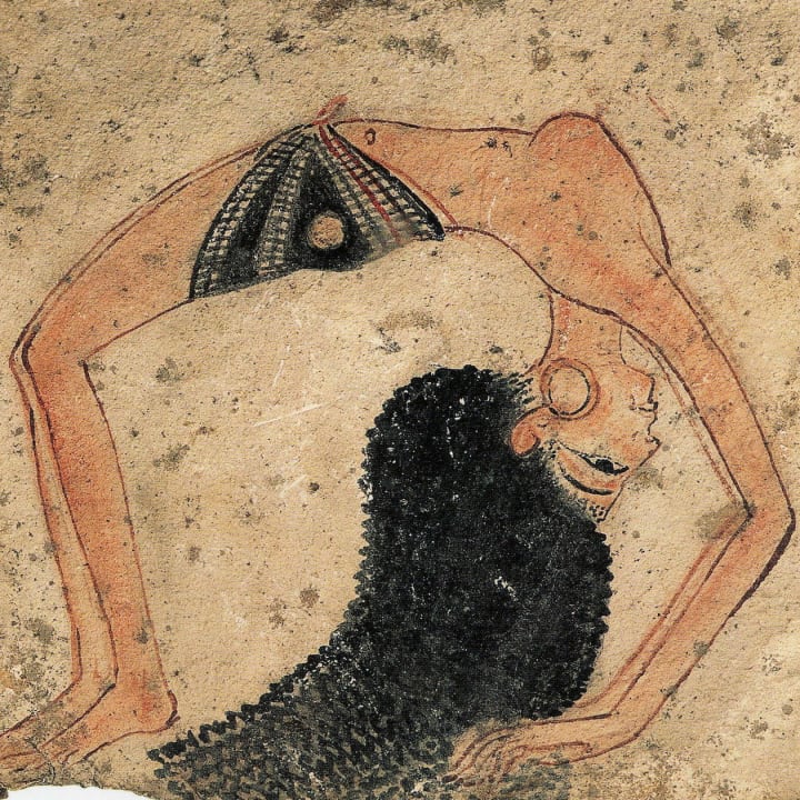 Ancient Egyptian painting of woman doing backbend