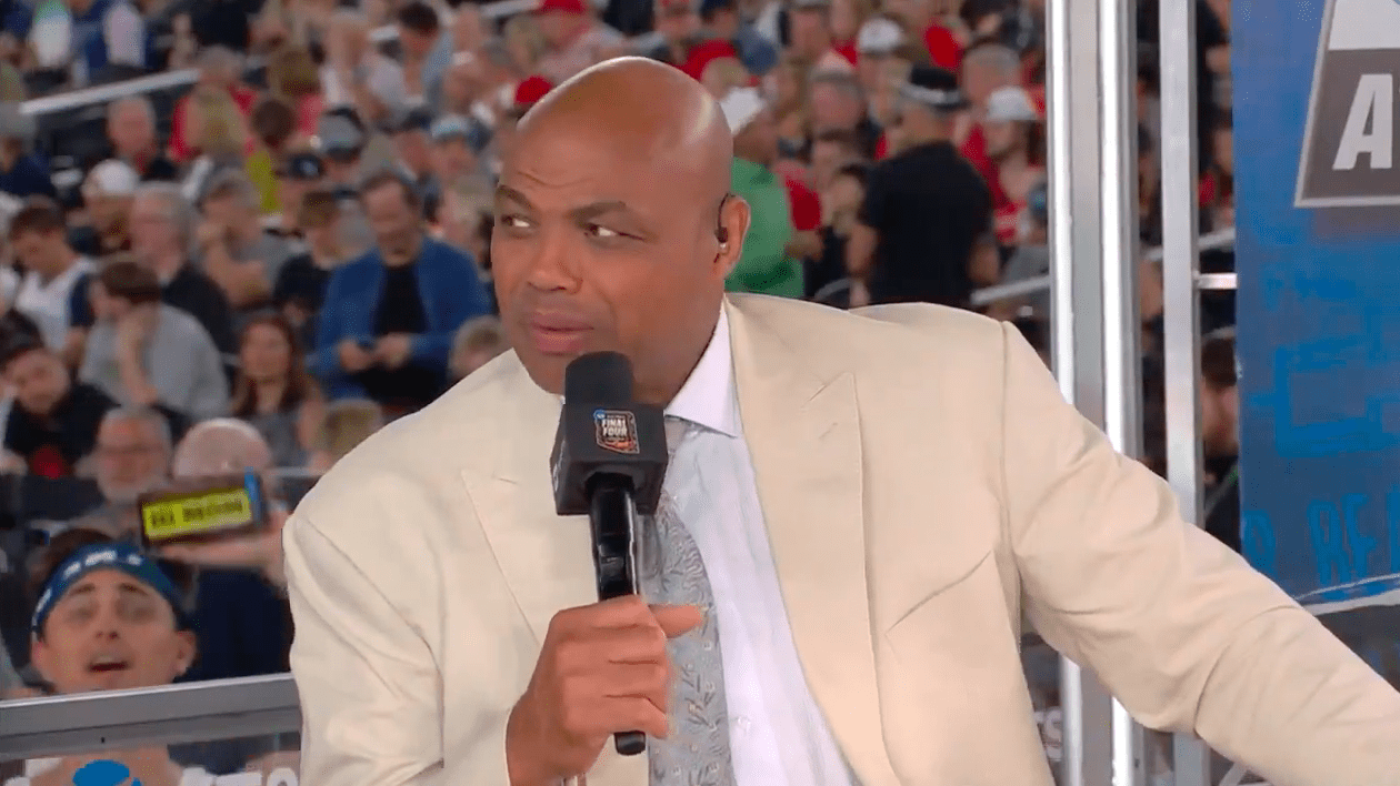 Charles Barkley speaks into a microphone during the halftime show of the NCAA men's basketball championship game