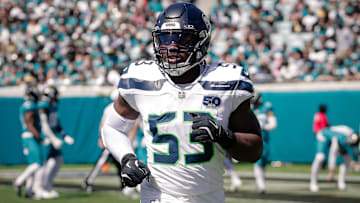 Oct 12, 2025; Jacksonville, Florida, USA;Seattle Seahawks linebacker Boye Mafe (53) runs off the field during the game against the Jacksonville Jaguars at EverBank Stadium. 
