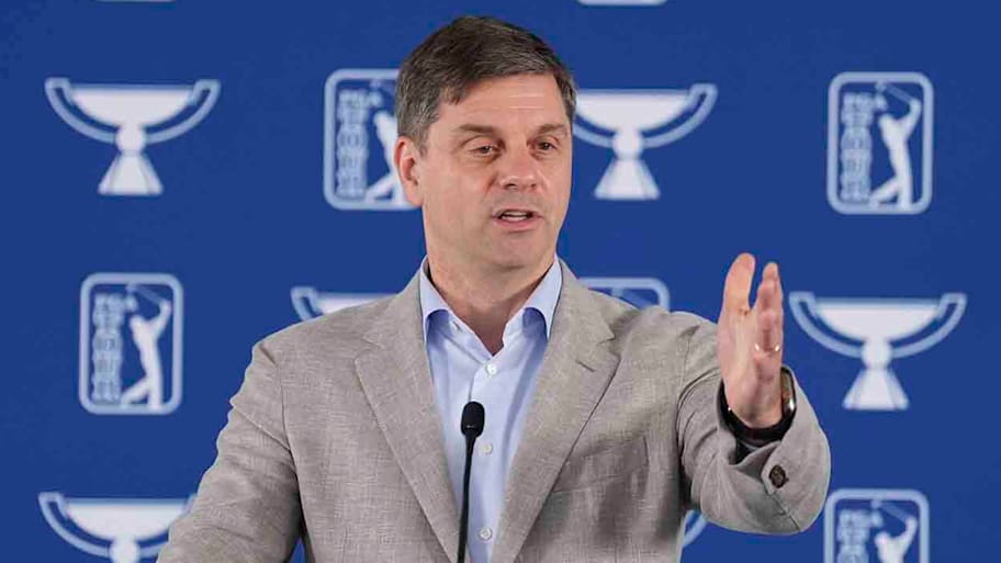 PGA Tour CEO Brian Rolapp speaks to the media during a press conference prior to the 2025 Tour Championship.