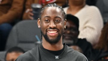 Caris LeVert #3 of the Atlanta Hawks looks on from the sideline during a game against the Orlando Magic.