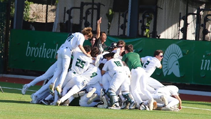 De La Salle dogpile in right field after a 5-4 walk-off NorCal Division 1 home win over Serra on June 7 2025