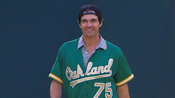 Mar 30, 2018; Oakland, CA, USA; Oakland Athletics retired player Barry Zito during a presentation to recognize the 50th anniversary team at Oakland Coliseum. Mandatory Credit: Kelley L Cox-Imagn Images
