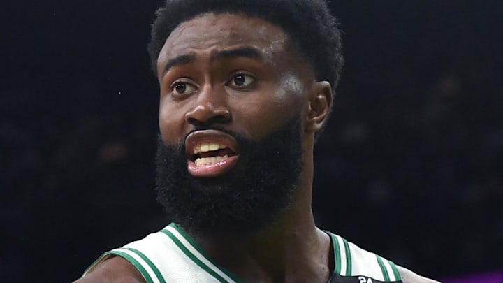 Jan 5, 2022; Boston, Massachusetts, USA;  Boston Celtics guard Jaylen Brown (7) argues a call with the official during the first half against the San Antonio Spurs at TD Garden. Mandatory Credit: Bob DeChiara-Imagn Images