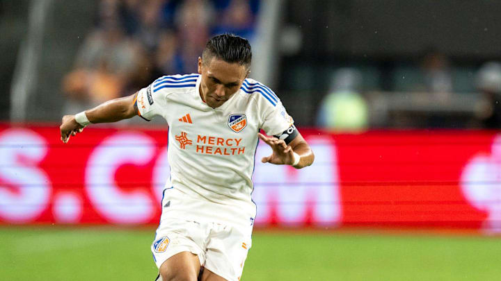 FC Cincinnati forward Yuya Kubo (7) shoots in the second half of the League Cup group stage match at TQL Stadium in Cincinnati on Thursday, August 1, 2024. FC Cincinnati defeated Querétaro 1-0.