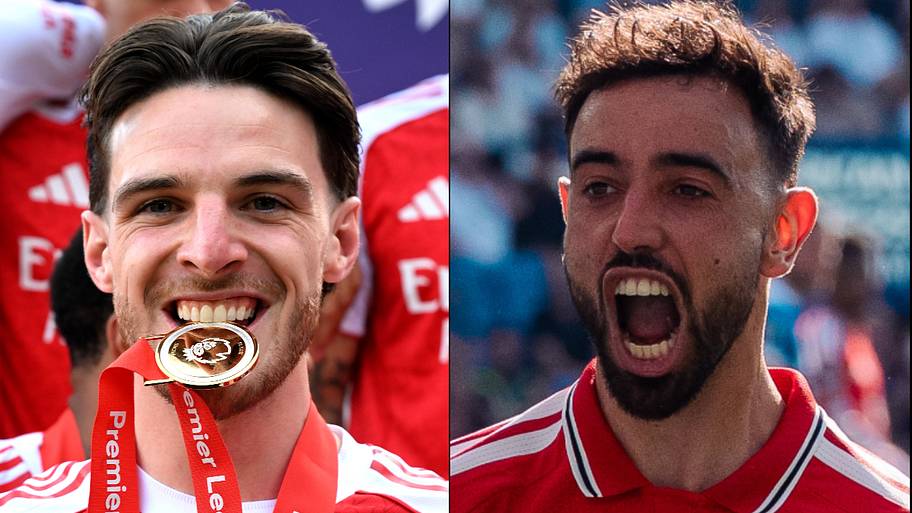 Antoine Semenyo (left), Declan Rice (center) and Bruno Fernandes.