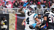 Nov 16, 2025; Atlanta, Georgia, USA; Carolina Panthers wide receiver Tetairoa McMillan (4) celebrates a touchdown in the first quarter against the Atlanta Falcons at Mercedes-Benz Stadium.
