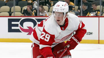 Oct 1, 2024; Pittsburgh, Pennsylvania, USA;  Detroit Red Wings center Nate Danielson (29) skates up ice with the puck against the Pittsburgh Penguins during the second period at PPG Paints Arena. Mandatory Credit: Charles LeClaire-Imagn Images