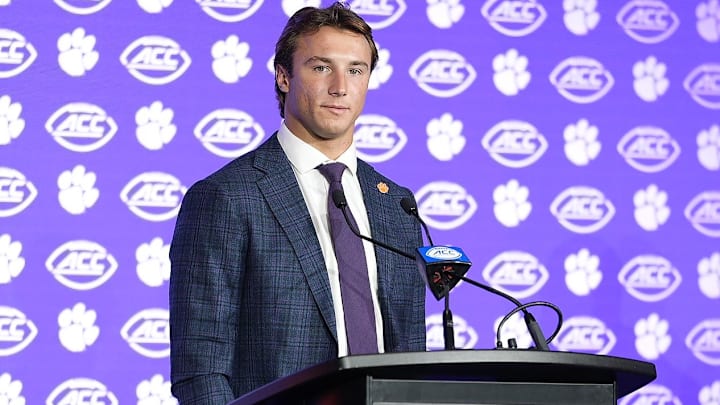 Jul 24, 2025; Charlotte, NC, USA;  Clemson quarterback Cade Klubnik answers questions from the media during ACC Media Days at Hilton Charlotte Uptown. Mandatory Credit: Jim Dedmon-Imagn Images