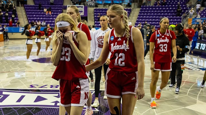 Nebraska women's basketball players walk off the court in Fort Worth after an NCAA Tournament first round loss to Louisville. Nebraska women's basketball players walk off the court in Fort Worth after an NCAA Tournament first round loss to Louisville.