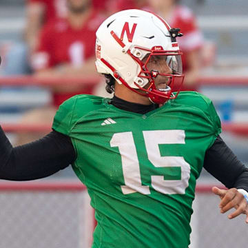 Nebraska quarterback Dylan Raiola fires a pass during the Big Red Preview on Saturday.