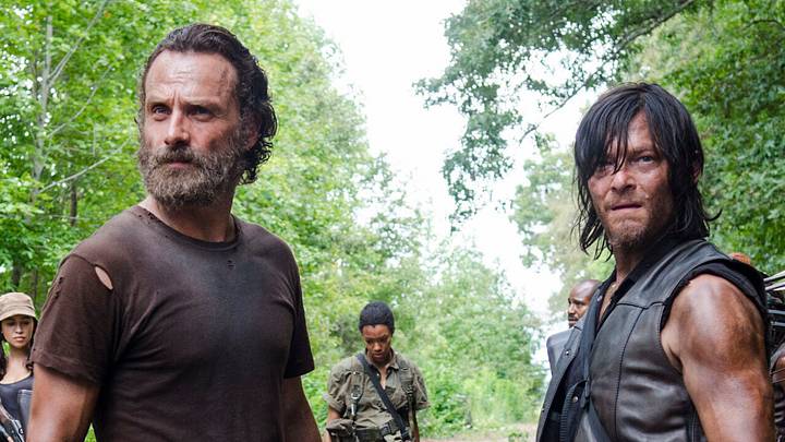 Lauren Cohan as Maggie Greene, Steven Yeun as Glenn Rhee, Josh McDermitt as Dr. Eugene Porter, Christian Serratos as Rosita Espinosa, Andrew Lincoln as Rick Grimes, Sonequa Martin-Green as Sasha, Norman Reedus as Daryl Dixon and Melissa McBride as Carol Peletier - The Walking Dead _ Season 5, Episode 10 - Photo Credit: Gene Page/AMC