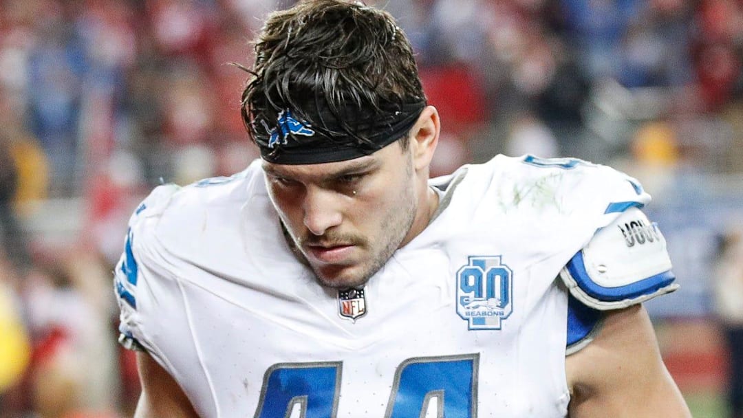 Lions linebacker Malcolm Rodriguez walks off the field after the 34-31 loss to the 49ers in the NFC championship game in Santa Clara, California, on Sunday, Jan. 28, 2024.