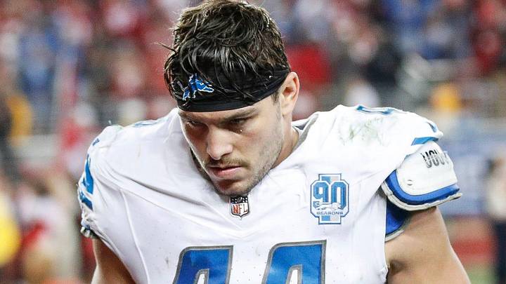 Lions linebacker Malcolm Rodriguez walks off the field after the 34-31 loss to the 49ers in the NFC championship game in Santa Clara, California, on Sunday, Jan. 28, 2024.