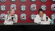 Dawn Staley and Chloe Kitts speak to reporters after win over Vanderbilt.