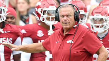 Arkansas Razorbacks coach Sam Pittman during the second quarter against the Alabama A&M Bulldogs at Razorback Stadium.