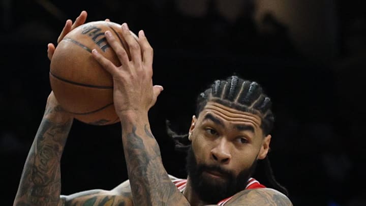 Feb 9, 2026; Brooklyn, New York, USA; Chicago Bulls center Nick Richards (13) rebounds against the Brooklyn Nets during the second half at Barclays Center. Mandatory Credit: Vincent Carchietta-Imagn Images
