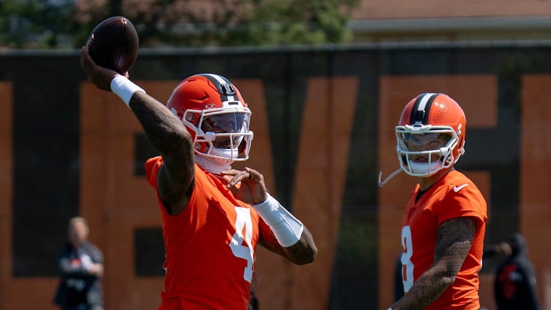 Quarterbacks Deshaun Watson and Dillon Gabriel practice together at the Browns mini camp in Berea on April 21, 2026.